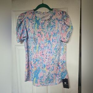 Colorful Abstract Print Women's Top. Attractive gathered Puff Sleeve. Size Small
